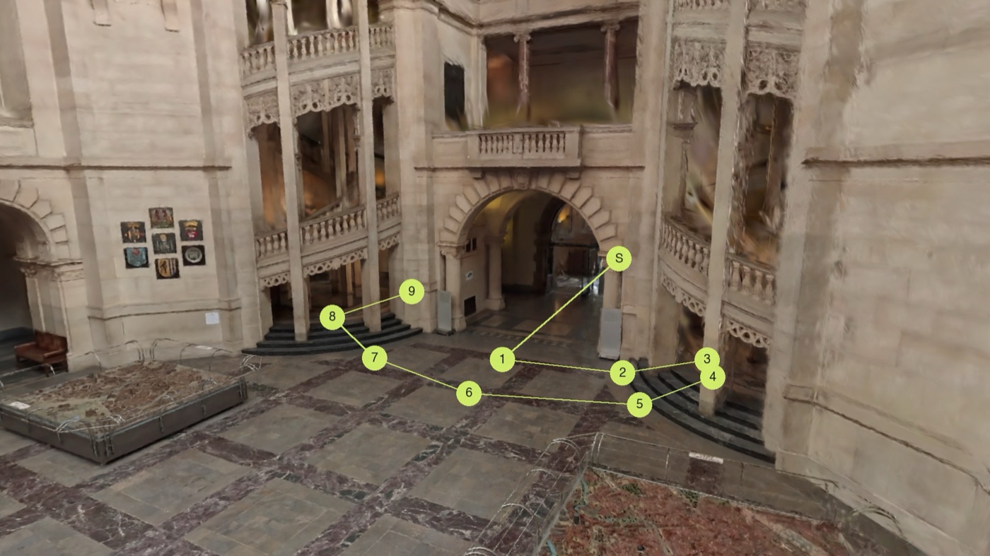 The actor's full movement path seen from slightly above in the 3D scene, marked S through 9 along a line looping across the floor