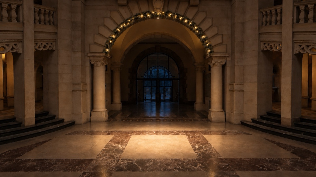 Camera 1, front entrance — the same view at night, with a fir garland added around the arch and one warm spotlight on the floor