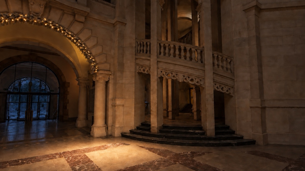 Camera 2, right staircase — the same view at night, matching the same garland and spotlight