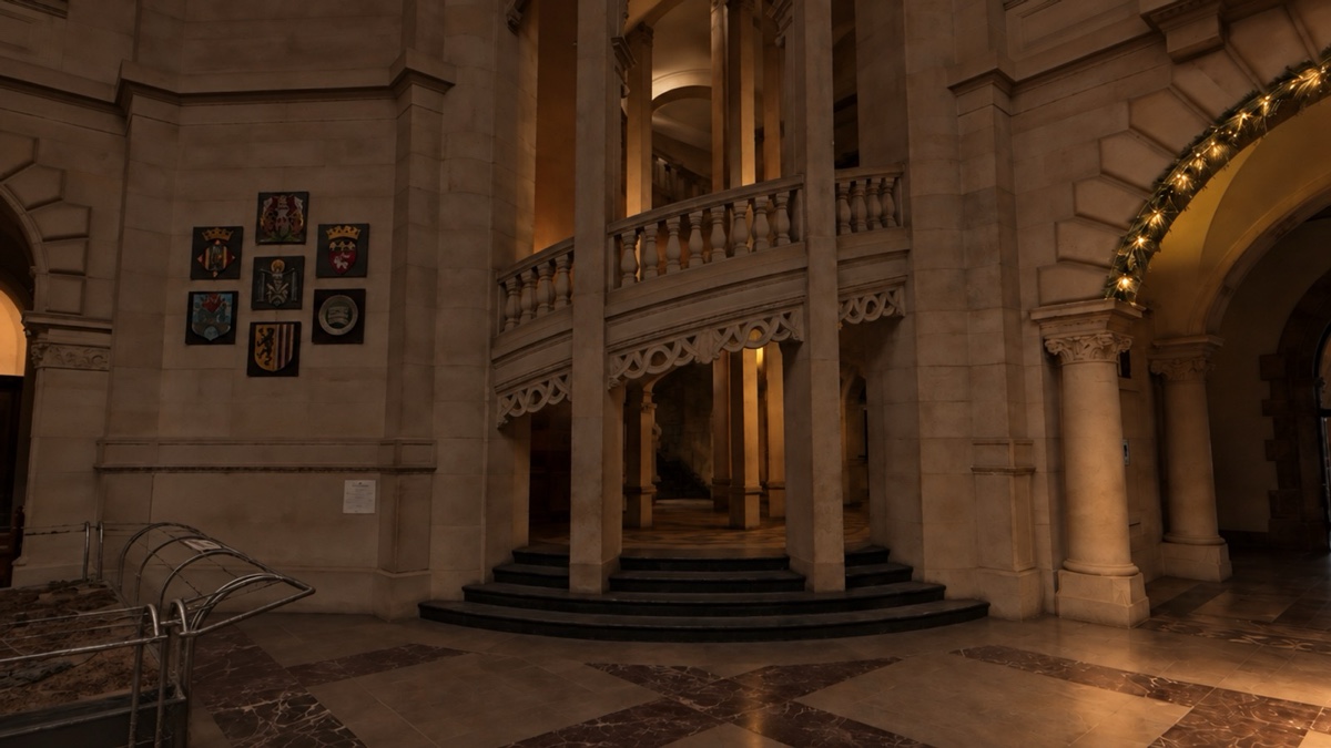 Camera 3, left staircase — the same view at night, matching the same garland and spotlight