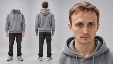A reference photo of Vadim, the actor from the route above — front, back and close-up — used to give him a consistent appearance