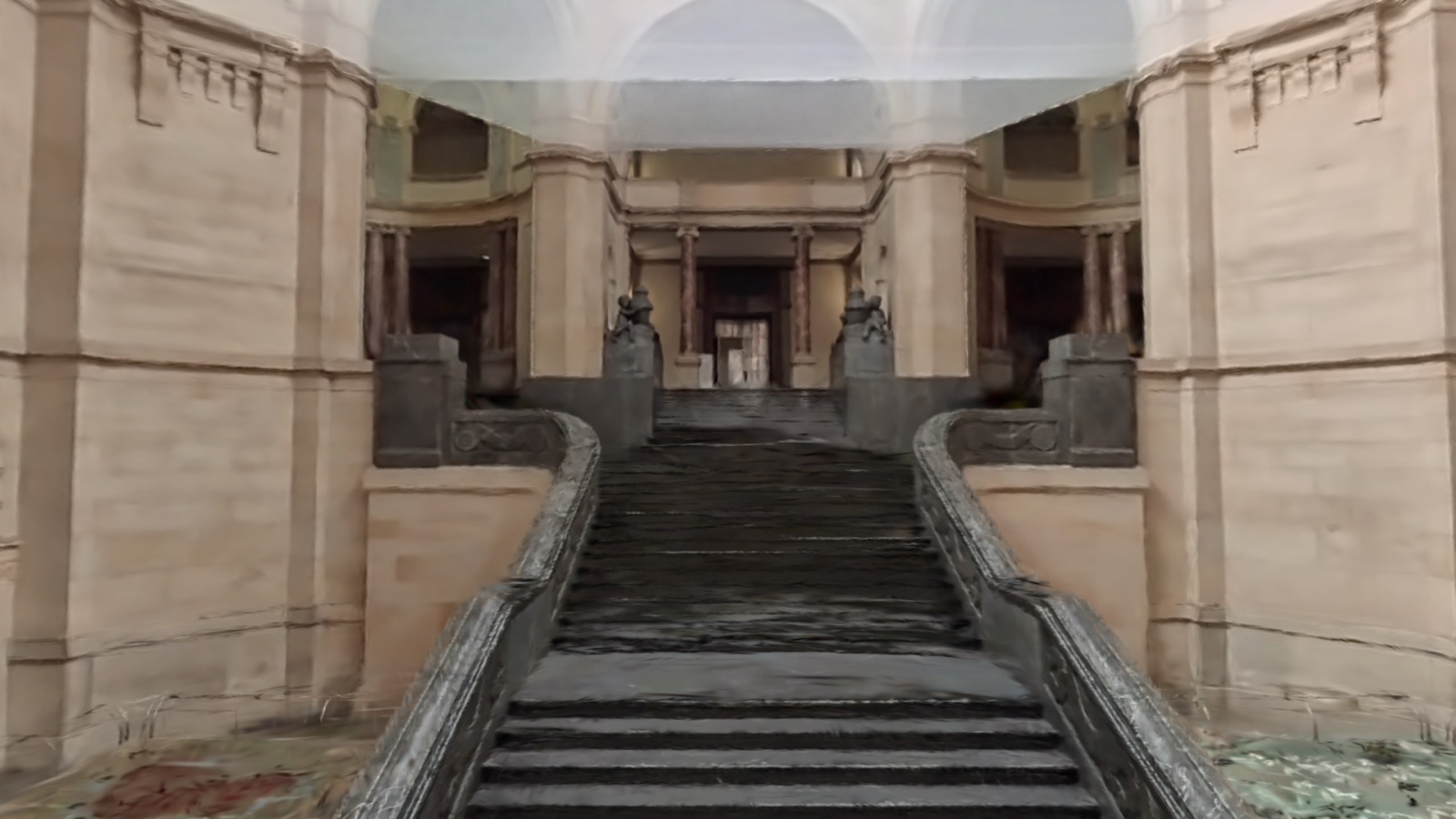The same 3D scene, framed low and close at the base of the staircase